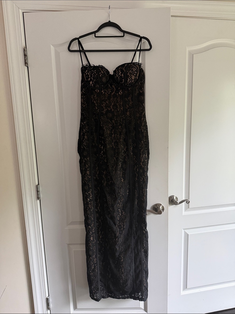 Black Lace Long Slip Dress with Spaghetti Straps
